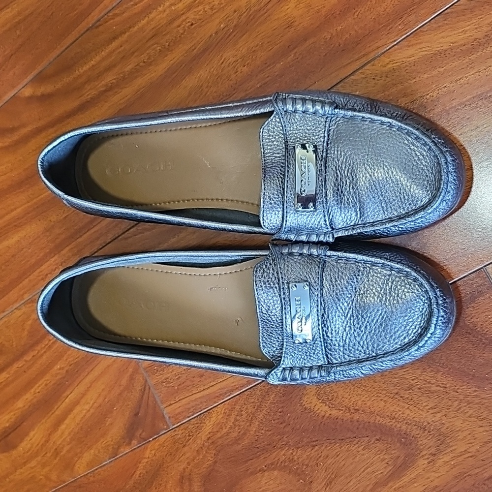 Coach Fredrica Pebble Leather Slip On Gunmetal Silver Gray Loafers 10B